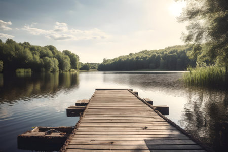 Peaceful lake scene with wooden pier. Tranquil and serene nature.