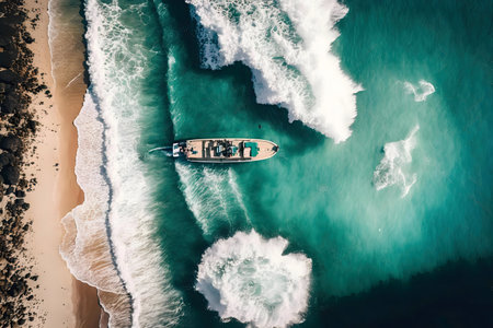 Boat in teal waters near sandy beach.の写真素材