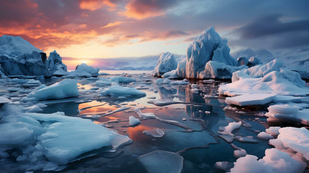 Stunning arctic sunset with icebergs reflecting in calm water.の写真素材