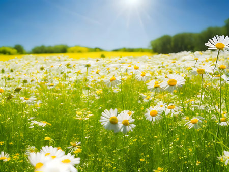 A vibrant image of a field full of blooming daisies under a sunny summer sky.の写真素材
