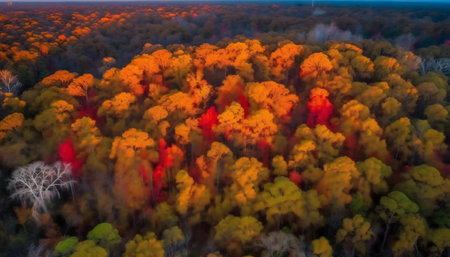 Stunning aerial shot of an autumn forest showcasing vibrant fall foliage in shades of red, orange, and yellow.の写真素材