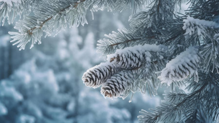 Close-up of snow-covered pine cones and branches in a winter forest.の写真素材