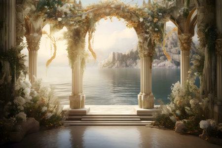 Picturesque archway adorned with flowers overlooking a calm sea and island.の写真素材