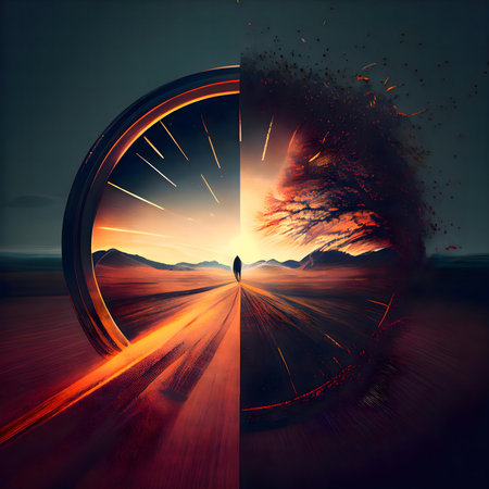 A surreal digital painting showing a person walking down a road at sunset, split by a wheel, representing change.の写真素材