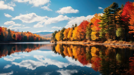 Breathtaking autumn scene with vibrant fall foliage reflected in a calm lake.