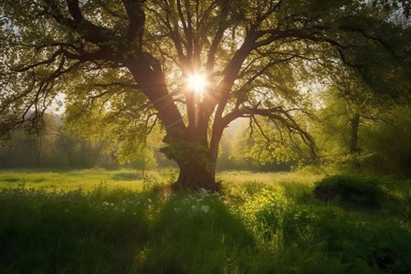 Sunrise illuminates an old tree in a lush meadow. Peaceful nature scene.の写真素材