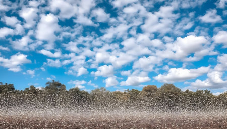 A massive swarm of locusts fills the sky over a field and trees. Blue sky and white clouds are visible.の写真素材