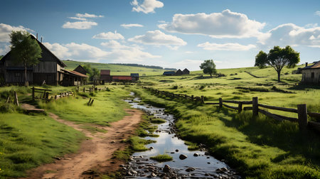 Serene rural scene with farmhouses, lush greenery, and a tranquil stream.の写真素材