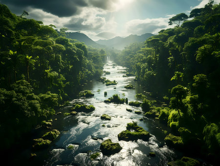 A tranquil river flows through a dense, lush jungle. Sunlight filters through the canopy.の写真素材