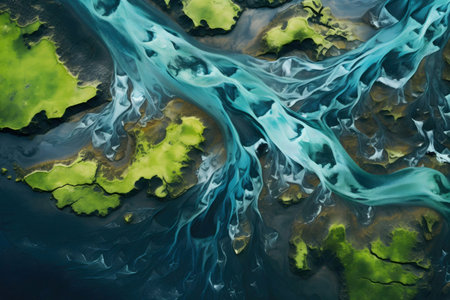 Stunning aerial shot of a glacial river in Iceland. Unique patterns created by nature.