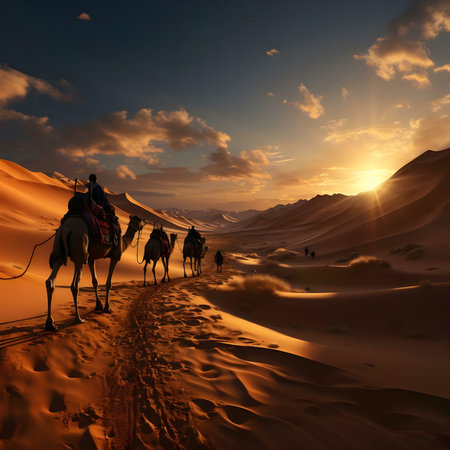 Caravan of camels at sunset in the desert.の写真素材