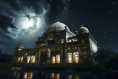 Ahsan Manzil Palace under a breathtaking night sky filled with stars. The palace's illuminated windows and serene reflection add to the magical atmosphere.の写真素材