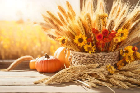A rustic autumn still life featuring pumpkins, wheat stalks, and sunflowers in a wicker basket. Warm and inviting, perfect for Thanksgiving.の写真素材