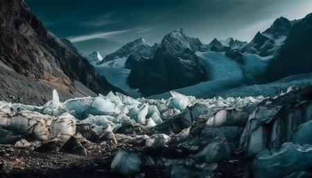 Stunning glacial landscape with imposing mountains. Icy terrain and cold atmosphere.の写真素材