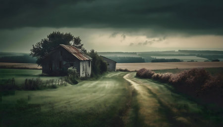 A desolate farmhouse sits on a dirt road amidst a stormy sky, capturing a rural landscape's brooding atmosphere.の写真素材