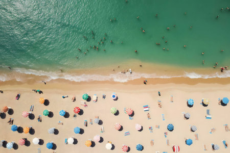 A vibrant beach scene from above, showing people sunbathing under colorful umbrellas.