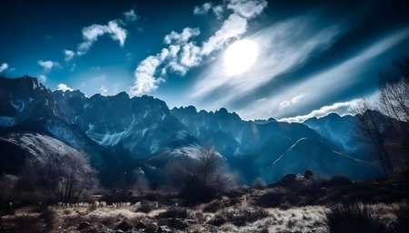 Stunning mountain range with a bright sky. Peaceful and serene.の写真素材