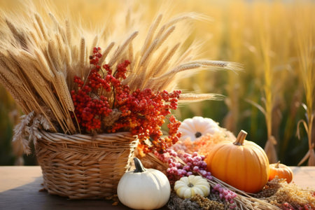 A beautiful autumn scene featuring pumpkins, wheat, and berries in a rustic basket. Warm colors and soft sunlight enhance the harvest feel.の写真素材