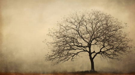 A lone tree stands in a misty landscape. Serene and peaceful.の写真素材