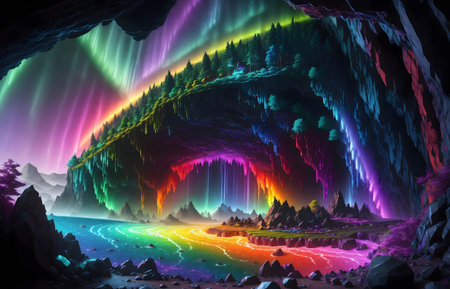 A vibrant fantasy artwork depicting a rainbow-filled cave with waterfalls and an enchanting landscape.の写真素材