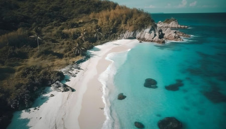 Stunning aerial view of a secluded tropical beach with crystal-clear turquoise water.の写真素材