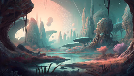 A tranquil alien world. Pastel hues paint a serene landscape with a still body of water.