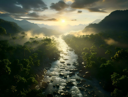 A breathtaking sunrise illuminates a lush jungle river valley, creating a serene and peaceful atmosphere.の写真素材