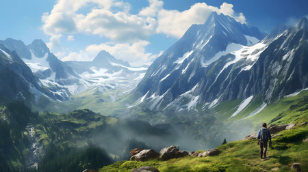 Hiker in a breathtaking mountain range. Vast valley and snowy peaks