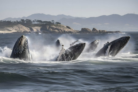 Humpback whales breach, creating a breathtaking spectacle against a coastal backdrop.の写真素材