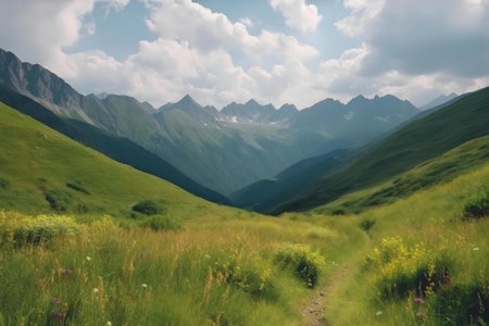 A peaceful mountain meadow with a path leading through wildflowers.の写真素材