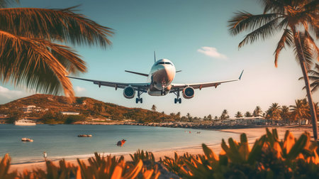 Plane descends over a picturesque beach and ocean.の写真素材