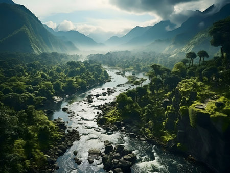 A breathtaking view of a river flowing through a lush green valley, surrounded by majestic mountains.の写真素材