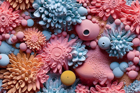 Pastel-colored 3D floral arrangement. Dreamlike and abstract.