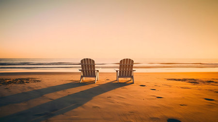 Two chairs facing the sunrise on a sandy beach. Peaceful and serene atmosphere.の写真素材