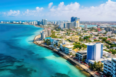 Stunning aerial view of a coastal city with turquoise waters and modern buildings under a bright sunny sky.の写真素材