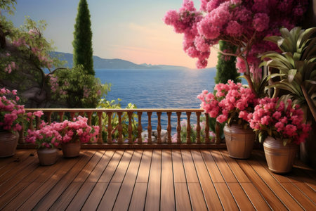 Peaceful balcony overlooking a stunning ocean view, adorned with blooming pink flowers and lush greenery.の写真素材