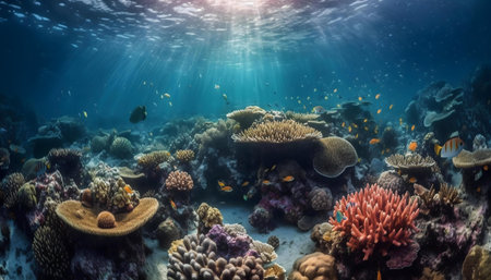 Stunning underwater scene showcasing a thriving coral reef with diverse marine lifeの写真素材