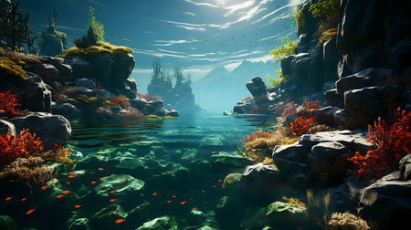 Stunning underwater scene, vibrant coral reef, clear water, fish swimming.の写真素材