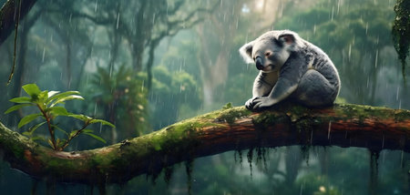 A pensive koala sits on a moss-covered branch during a gentle rainforest downpour.の写真素材