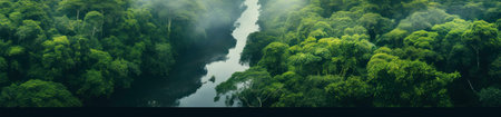 Aerial view of a tranquil river flowing through a lush rainforest. Serene nature.の写真素材