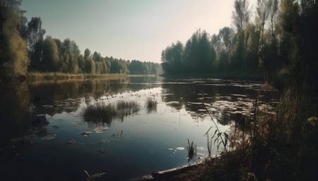 Misty lake with tree reflections. Calm and serene nature scene.の写真素材