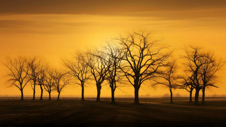 Silhouetted trees at sunrise. Golden light. Peaceful scene.の写真素材
