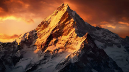 A stunning sunset illuminates a majestic snow-capped mountain peak.の写真素材