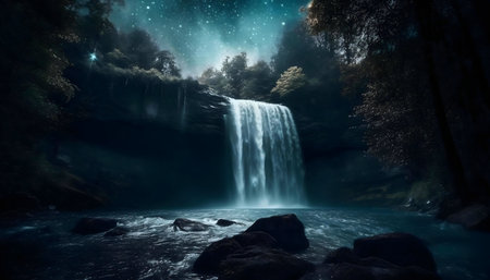 A mesmerizing waterfall at night, under a breathtaking starry sky, surrounded by lush forest. Serene, magical scene.の写真素材