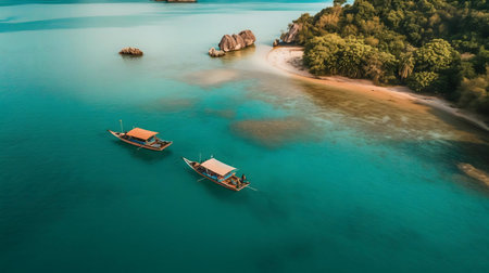 Two boats on a tranquil turquoise ocean near a lush tropical islandの写真素材
