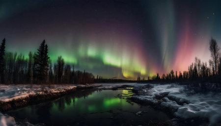 Stunning aurora borealis display over a frozen Alaskan river. Magical winter night scene.の写真素材