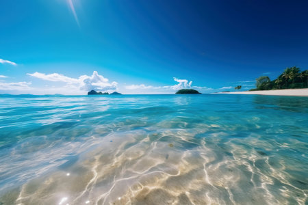 Stunning beach scene with crystal clear water and palm trees.の写真素材
