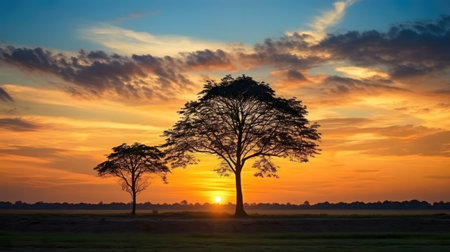 Two silhouetted trees stand majestically against a vibrant sunset. A captivating nature scene.の写真素材