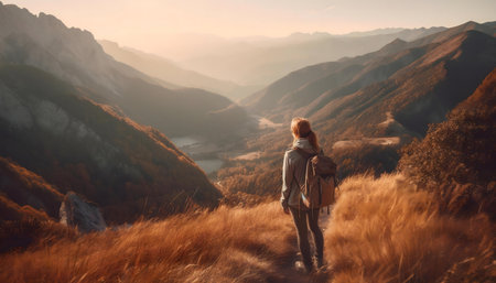 A lone hiker pauses to enjoy a breathtaking sunset view of majestic mountains and a calm lake.の写真素材