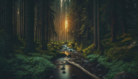 Sunlit stream flowing through a dense, mossy forest.の写真素材